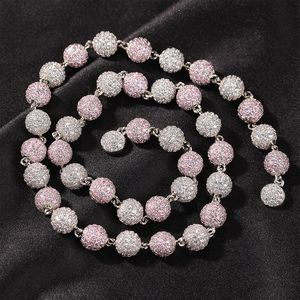 Męski hip -hop Złoty naszyjnik biżuteria mrożona w okrągłym łańcuchu koralików moda srebrne różowe łańcuchy naszyjniki