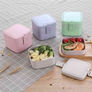 Lunch Box Con Cucchiaio Di Paglia Di Grano Cartone Animato Contenitore Per Alimenti Bento Portatile A Due Piani Per Bambini All'aperto Microwavable 210423