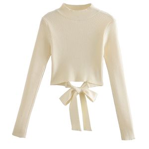 Solidna Turtleneck Backless Sexy Sweter Bandaż Błusz Krojenia Pulower Z Długim Rękawem Cute Casual Knitwears Spring-Autumn Top 210521