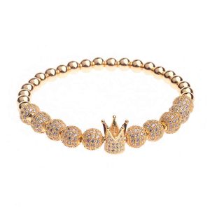 2021 Luxury Hotselling Uomo 6mm Copper Bead Gold Crown Bracciale Elastico 8mm Micro Inlay Zircon Balls Royal Crown Charm Bracciale