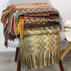 Boho Etnisk stil strand Stickad Tassel Blanket Solid Färg Bäddscread Portable Soft Air Conditioning Blanket för våren