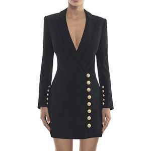 Casual Dresses PEONFLY Formal Blazer Women Black Sexy Deep V Neck Gold Single Breasted Jacket Long Sleeve High Quality Fashion Vintage Dress