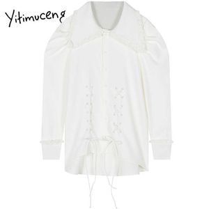 Yitimuceng Bow Lace Up Blus Kvinnor Solid Spring Fashion French Långärmad Peter Pan Collar Puff Sleeve Toppar 210601