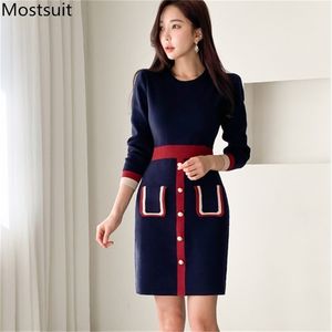 Sukienka z dzianiny z dzianiny z dzianiny koloru kobiety z długim rękawem O-neck guziki koreańskie eleganckie mody sukienki kobiece vestidos 210513