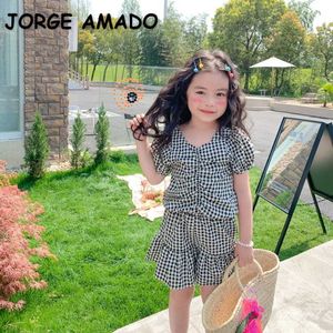 Korean Style Summer Kids Girls 2-pcs Sets Black Plaid T-shirt + Skirts Cute Children Fashion Clothes E704 210610