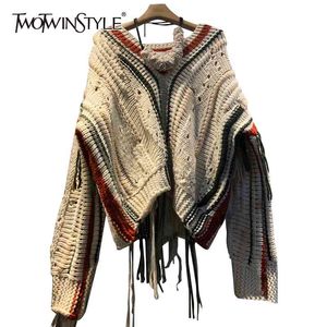 TWOTWINSTYLE Casual Patchwork Tassel Sweater For Women V Neck Long Sleeve Hit Color High Street Loose Knitted Pullovers Female 210517