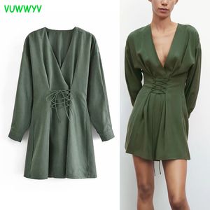Vuwwyv Grön Drawstring Mini Dress Kvinnor Sommar Mode Utgående Smock Kvinna Långärmad Chic High Street Vestido