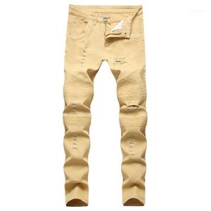Мужские джинсы 2021 Tide Brand Mothercycle Личность Морщинистые Тонкие брюки в Хаки разорванные джинсы1