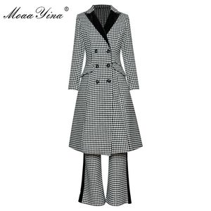 Vinter Mode Set Kvinnors Lantern Sleeve Dubbelbröst Windbreaker Overcoat Toppar + Byxor Houndstooth Two-Pistass Set 210524