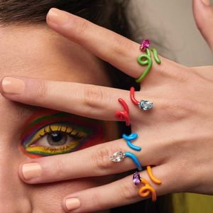 Cluster Rings Geometric Colorful Fashion Jewelry Single CZ Wrap Enamel Band Wire Women Ring Adjusted Size