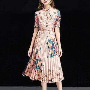 Frühling Sommer Mode Frauen Kleid Kurzarm Perlen Druck Vintage Plissee Kleider 210531