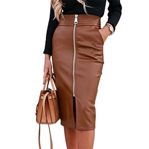 Elegante Faux Leather Couro Saia Frente Zíper Midi Sexy Cintura Alta Cintura Split Pu Bolso Envoltório Hip Bodycon 210629