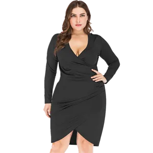 カジュアルドレス2021春のセクシーなパーティードレス脂肪の女性のプラスサイズ4xl xlヴィンテージの女性黒ディープVネックドレープタイトスリムミディ