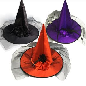 Barn vuxen kostym del cosplay hatt halloween rosa net häxa hattar masquerade prop wizard cap fancy klänning rollspel kostymer tillbehör