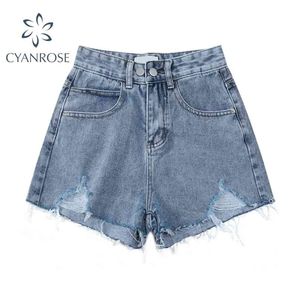 Широкая нога синие шорты разорванные джинсы брюки женские летние ретро высокая талия джинсовая улица y2k ulzzang одежда 210515
