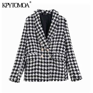 KPYTOMOA Kvinnor Mode Dubbelbröst Houndstooth Tweed Blazers Coat Vintage Långärmad Frayed Trim Kvinnlig Ytterkläder Chic Toppar 210930