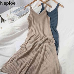 NAPOE MAXI Elbise Çift V Yaka Örme Sling Vestidos Mujer Kore Moda Giyim Robe Ince Büyük Duva Zarif Elbiseler Kadınlar 210422