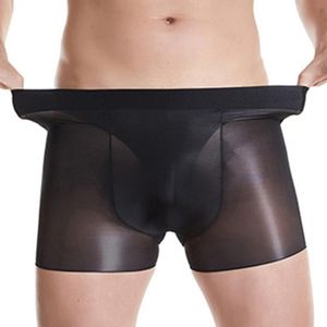 Underbyxor nyhet män oljiga boxare sexiga underkläder man sömlösa trosor transparent boxershort u-bulge pantie osynlig kort