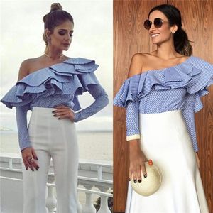 2020 Nya Kvinnor Elegant Blus Sommar Höst Toppar Ruffles One Shoulder Långärmad Randig Trendig Kvinnlig Skjorta Plus Storlek S-XXL X0521