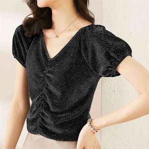 Modisches, helles Seiden-T-Shirt für Damen, Sommer, kurze Ärmel, halbes Flash-Plissee-Garn-Design 210507