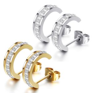 Fashion Stainless Steel Half Hoop Earrings Polished Cubic Zirconia CZ Cuff Climber Stud for Women Lady Girl with a Velvet Bag
