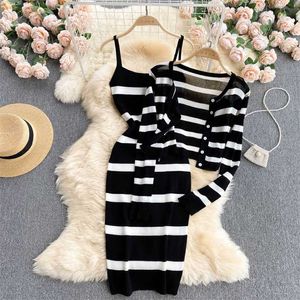 Black and White Striped Long Sleeve Knitted Sweater Cardigan Spaghetti Strap Bodycon Midi Dress Suit Two Pieces Sets 211106