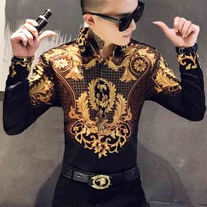 Luxury Gold Print Shirt Men Royal Retro Long Sleeve Shirts Party NightClub Tuxedo Casual Slim Fit Streetwear Blouse Homme 210721