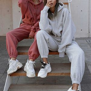 Två stycken Tracksuit Kvinnor Ställ Kvinna Hooded Suit Solida Sweatshirt Lösa byxor Outfits Set Höst Fashion Casual Sportswear X0629