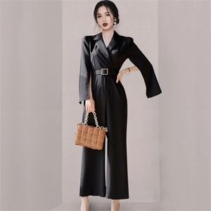 High Quality Office Ladies V-neck Sashes Women Jumpsuits Stylish Lantern Sleeve Slim Waist Female Wide Leg Pant Playsuit 210603