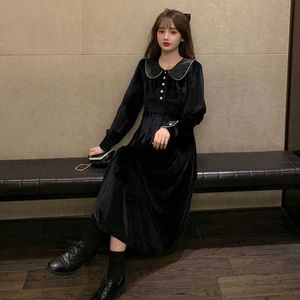 Vintage Cute Velvet Long Sleeve Dress Black Winter Women Doll Collar Midi Korean Lady Wedding Party 210604