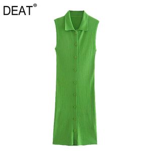 [Deat] Kvinnor Sommar Fashion Green Single-Breasted Turn-down Collar Ärmlös Elasticitet Stickning Klänning 13Q440 210527