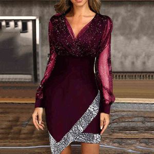 Kobiety Solidne Mini Sukienki Vestidos Moda Mesh Gaza Długim Rękawem Party Dress Sexy Elegancki V-Neck Shiny Patchwork Nieregularna sukienka Y1204