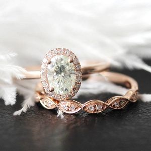 14K Rose Gold Set 5x7mm 1.0ct Oval Cut Moissanite Engagement Ring with Match Band For Women