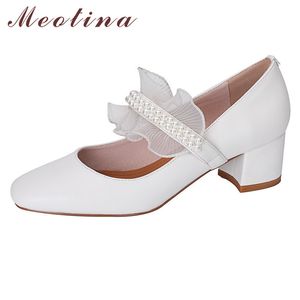 Meotina Pumps Women High Heel Real Leather Mary Janes Shoes Net Yarn String Bead Elegant Shoes Lady Thick Heels Footwear 33-40 210520