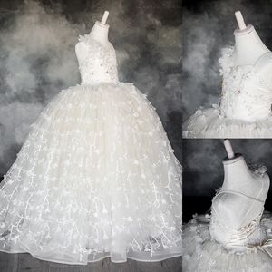 2021 Vintage Flower Girls Suknie Kości Słoniowej Dziecko Niemowlę Boddler Baptism Ubrania Z Długim Rękawami Koronki Tutu Balowe Suknie Ubierają Urodziny Dress