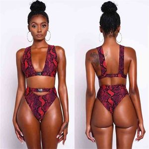 Sexy Red Snake Print Bikini Buckle High Waist Swimwear Women V Neck Push Up Swimsuit Brazilian Female s 210702