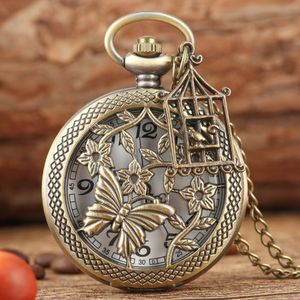 Wholesale Bronze Butterfly and Flower Retro Style Necklace Pocket Watch Chain Steampunk Pendant Quartz Fob Watch Clock with Acce