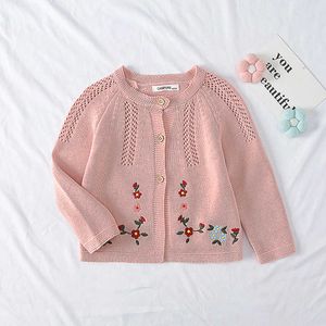 Baby girls stickade cardigan tröjor rosa färg blommor broderi våren höst bomull tröja barn ytterkläder topp y1024
