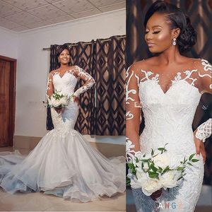 2021 African Mermaid Wedding Dresses Bridal Gowns Arabic Long Sleeves Illusion Lace Applique Beads Tulle Embroidery Formal Plus Size Vestido de novia Chapel Train