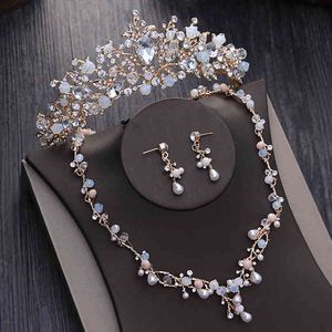 Noble Crystal Beads Pearl Gold Bridal Sets Rhinestone Diadem Tiaras Necklace Earrings Baroque Crown Wedding Jewelry Set