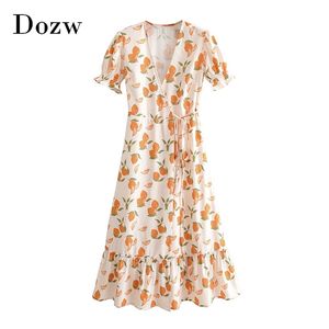 Kvinnor Chic Lemon Print Dress Summer Ruffle V Neck Boho Beach Midi Ladies Kortärmad En linje Casual Wrap ES 210515