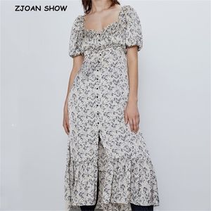 French Small Floral Print Short Sleeve Dress for woman Square Collar Hem Ruffles Single-breasted Buttons Dresses Vestido 210429