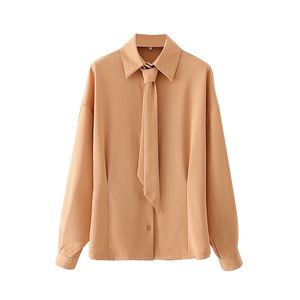 Elegant Women Solid Pink Shirts Fashion Ladies Necktie Pleated Tops Streetwear Female Chic Button Loose Blouses 210430