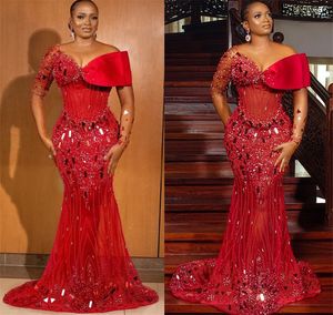 Plus Size Arabic Aso Ebi Red Luxurious Mermaid Prom Dresses Beaded Crystals Sheer Neck Evening Formal Party Second Reception Gowns ZJ403