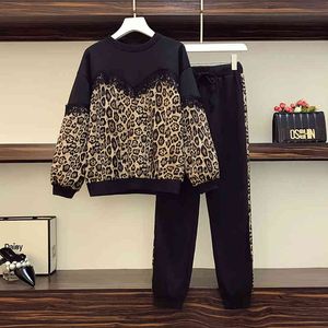 Tracksuit Women Clothes Winter Leopard Print Långärmad Lång Sweats Shirt och Elastic Waist Byxor 2 Piece Set 210428