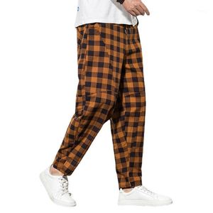 Men's Pants Cotton And Linen Men Casual Plaid Trousers Black Red Orange Khaki Comfortable Breathable Mens Harem