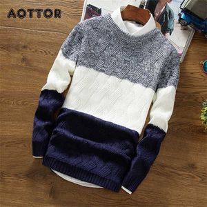 Tröja cashmere tröja tjocka varma pullovers män höst o neck långärmad färgblock patchwork slank stickad pullover tröja 211221