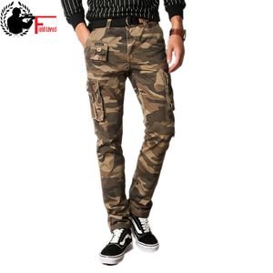 Kläder i militärstil Kamouflage Slim Fit Byxa Raka Cargo Byxor Herr Casual Tactical Camo Jogger Man Army Green Khaki 210518