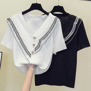 L-4XL Plus Storlek Kvinnor Mode Lace Patchwork Ruffle Kint Pullover Lossa Casual Short Sleeve V Neck Sommar Stora Sweaters 210604