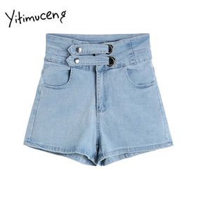 Yitimuceng kvinna denim shorts sexig hög midja knapp smal jean rippad rak sommar solid blå kläder mode 210601